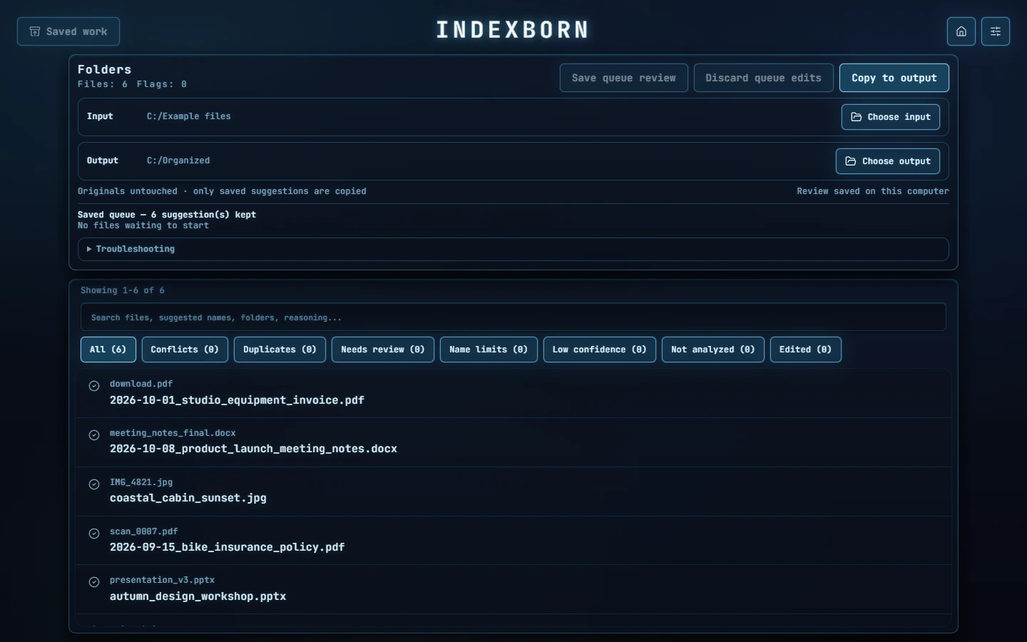 Indexborn 0.0.3: the Review screen with example files in the Arctic theme